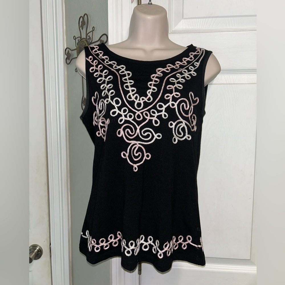 Objects D'Art Black White Embroidered Sleeveless Tank Top Size Small